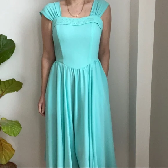 Vintage Tricoville London Blue Midi Dress Size 6 Sleveless Turquoise - Picture 2 of 16
